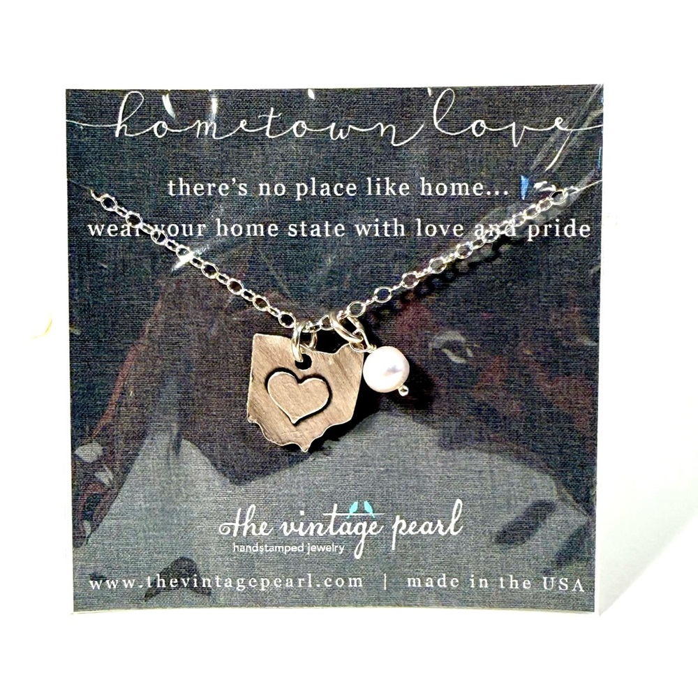 The Vintage Pearl “Hometown Love” Silver Ohio State Heart and Pearl Necklace NIP